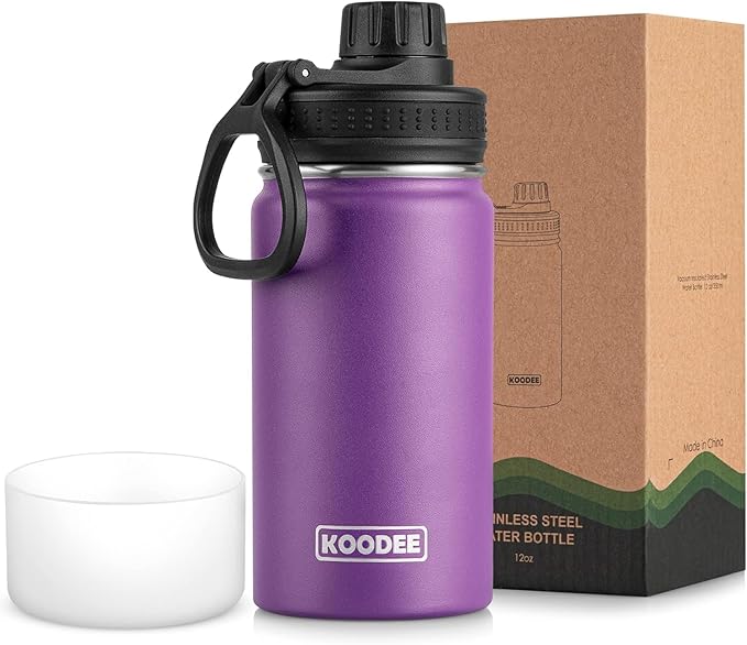 Koodee Small Water Bottle 12 oz Stainless Steel Vacuum Insulated Water Bottle for Back to School, Wide Mouth Flask with Leakproof Spout Lid(Purple)