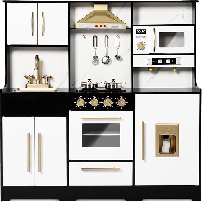 Kinder King Wooden Kids Play Kitchen, Toy Kitchen Playset for Toddler, Play Kitchen Set w/Real Sounds, Pretend Coffee Machine, Kitchen Hood, Sink, Ice Maker, Gift for Boys Girls Age 3+, Black