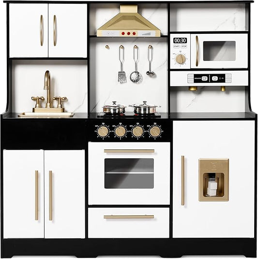 Kinder King Wooden Kids Play Kitchen, Toy Kitchen Playset for Toddler, Play Kitchen Set w/Real Sounds, Pretend Coffee Machine, Kitchen Hood, Sink, Ice Maker, Gift for Boys Girls Age 3+, Black