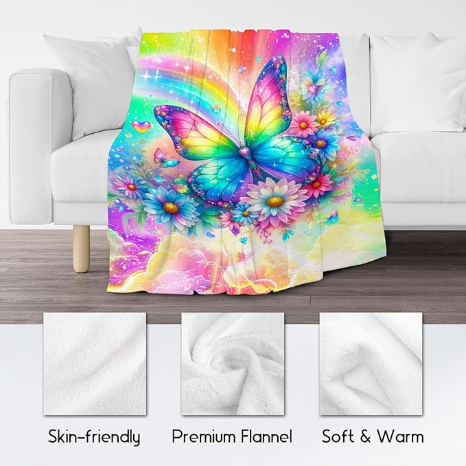 Girls Throw Blanket, Butterfly Blanket Gifts for Girls, Kids Butterfly Gifts with Flower, Warm Flannel Throw for Couch Bed, 60"x80"