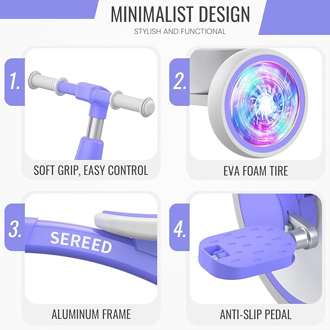 SEREED Colorful Lighting Toddler Tricycle for 2-5 Years Old Boys Girls, Adjustable Seat&Handlebar Trike, Removable Basket, Birthday Gift Idea for Kids Ages 2+ (Purple)