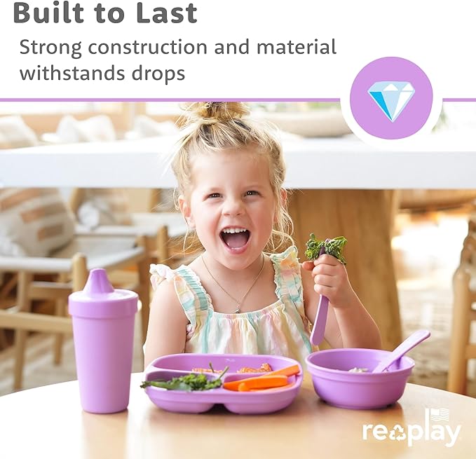 Re-Play Toddler Plates with Dividers - Deep-Walled 3 Compartments Divided Plates for Kids with 1 Lid - Dishwasher & Microwave Safe - Made in USA - Set of 3-7.37" x 7.37" x 1.25