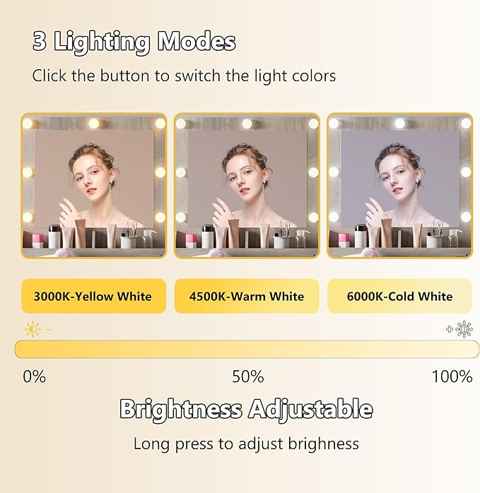 Small Vanity Desk with Mirror and Lights, Makeup Vanity Desk with Adjustable Brightness 3 Light Modes, RGB Storage Cabinet, Power Outlet, Drawer, Shelves (Driftwood Grace)