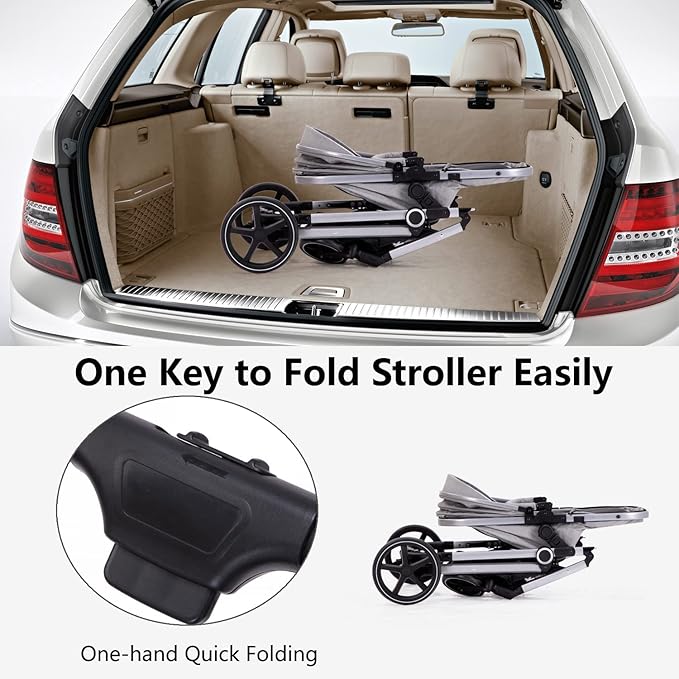 2-in-1 Baby Stroller - Folding Infant Newborn Pram Stroller with Reversible Seat - Toddler Strollers for 0-36 Months Old Babies (Grey)