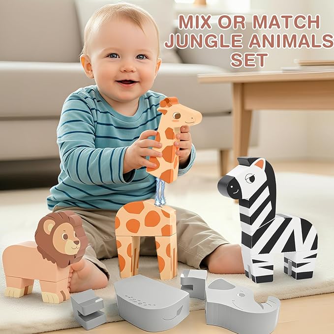 Joyreal Magnetic Mix or Match Jungle Animals Toy Play Set, 16 Pcs Wooden Building Blocks Play Set Toy for 1 Year Old, Fine Motor Montessori Game Preschool Educational Gift for Ages 1-5