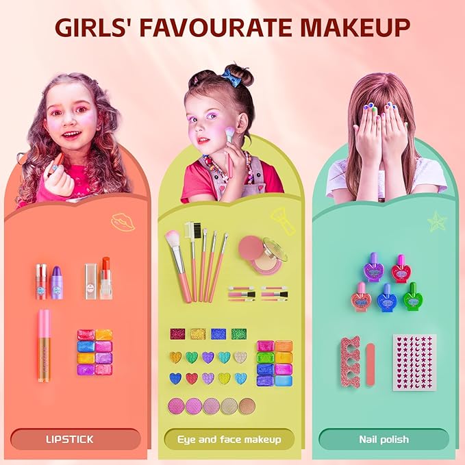 Kids Makeup Sets for Girls - Pretend Make Up Kits Real Washable Princess Toys with Mirror, Real Dressing Table with Stand Play Makeup Toys for 3 4 5 6 7 8-12 Year Old Girls Birthday & Christmas