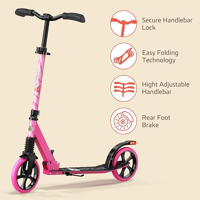 Kick Scooter for Ages 6+, for Kids, Teens, and Adults, Max Load 240 LBS, Foldable, 8-inch Big Wheels for Kids and Adults, with Kickstand, 3 Adjustable Levels, Child Safety Approved, Pink