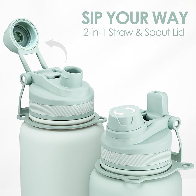 SANDJEST Stainless Steel Water Bottle with Strap 32oz, Insulated Bottles with Straw and Spout Lid for Gym Sports Travel Outdoor, Gifts for Women Girls Birthday Christmas (Green)