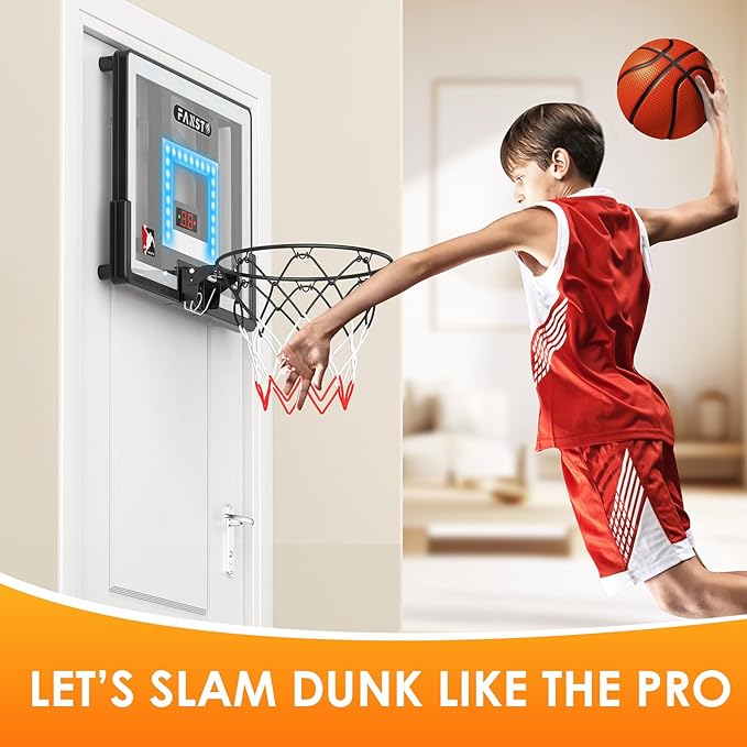 Over The Door Basketball Hoop, Basketballs Hoops Indoor for Kids with LED Cheering, Anti-Impact, 2 Game Mode& Mute Mode, Mini Hoops Door Slam Toy with 4 Ball for 5 6 7 8 9 10 11 12 Old Boys