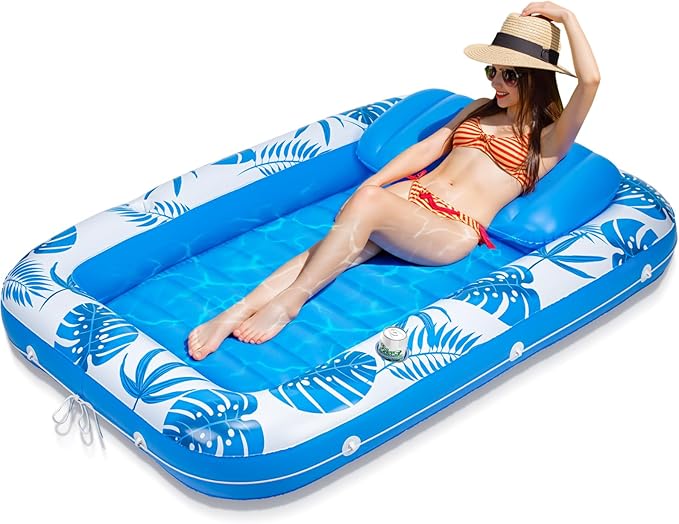 Pool Floats Inflatable Tanning Pool Lounger Float, 71" x 48" Large Pool Floats Adult with Pillow & Drink Holder,Sunbathing Water Lounge Floaties Tub Raft for Lake, Backyard, Beach Pool Party