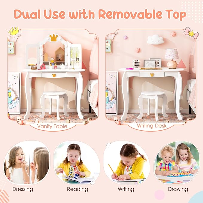 Costzon Kids Vanity with Lights, Girls Vanity Set with Mirror and Stool, Drawer, 2 in 1 Princess Makeup Desk Dressing Table, Kids Vanity Table and Chair Set (White)