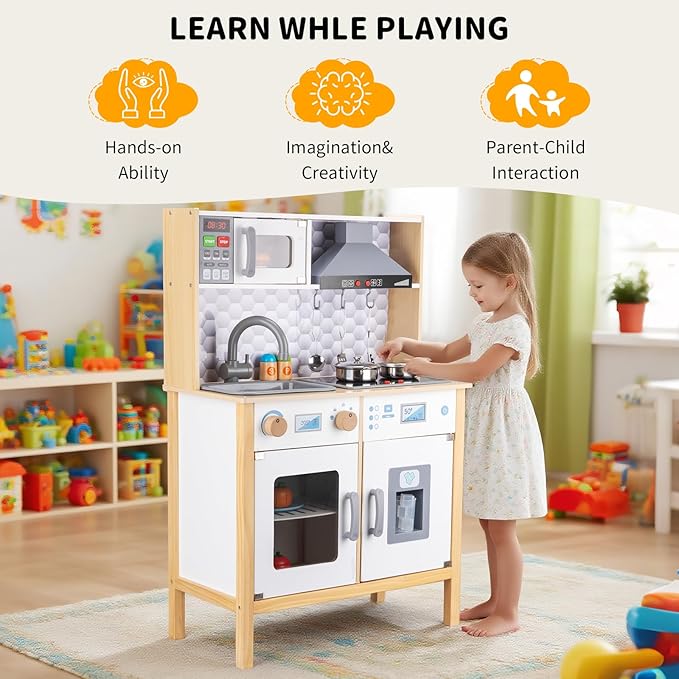 Wooden Play Kitchen for Kids – Pretend Play Kitchen Set with Cooking Accessories, Real Lights & Sounds | Chef Pretend Kitchen Playset for Toddlers, Wooden Kitchen Set with 6 Pcs Toy Food