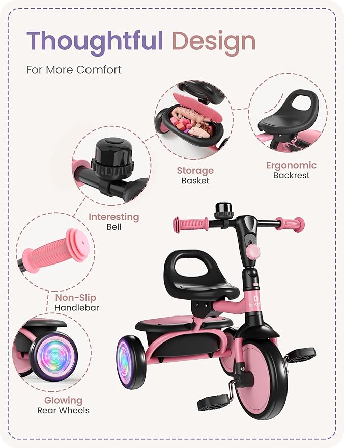 besrey Colorful Lighting Toddler Tricycle for Ages 18 Months to 5 Years, Toddler Bike with Bell, Kids Tricycle, Gift for 2-5 Year Olds, Toy for Boys and Girls, Tricycle for Toddlers, Pink