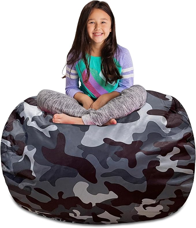 Posh Creations Kids Stuffed Animal Storage Bean Bag Chair Cover - Childrens Toy Organizer, X-Large-48in, Nylon Camo Dark and Black Gray