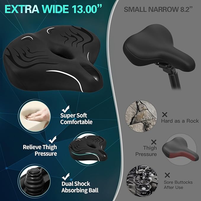 Haoqi Bike Seat Cushion for Men & Women Oversized Bike Saddle Compatible with City, Electric, Stationary, Peloton, MTB, Racing Bikes, Wide Winged, Padded, Waterproof, Shock Absorbing, Universal