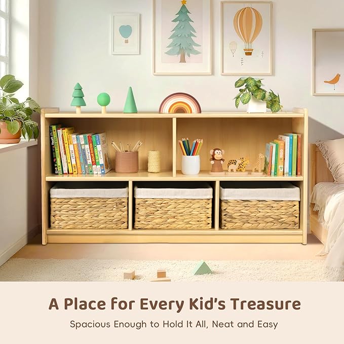5-Compartment Montessori Bookshelf, Toy Storage Organizer, 2-Layer Toddler Bookshelf for Playroom Storage, Book Shelf for Kids Rooms, School, Nursery