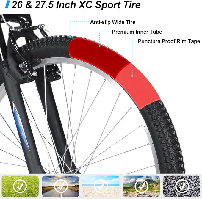 HILAND 26 27 Inch Mountain Bike, Mens Womens MTB with 18 Speeds, High-Tensile Steel Frame, V Brake, Hardtail Bicycle for Adults