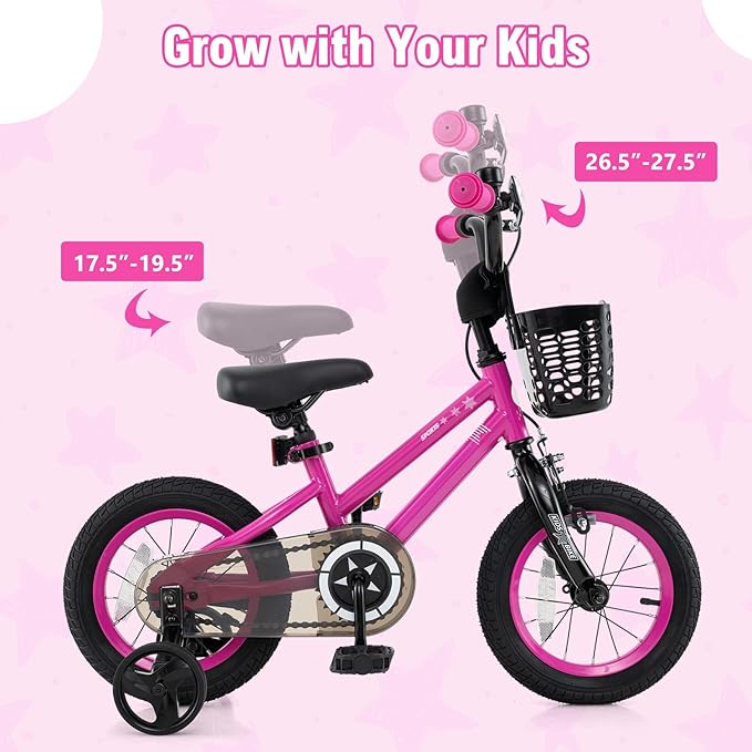 BABY JOY Starry Kids Bike, 12 14 16 18 Inch Bicycle with Training Wheels, Storage Basket, Adjustable Handlebar & Seat, Handbrake & Coaster Brake, Girls Boys Bike