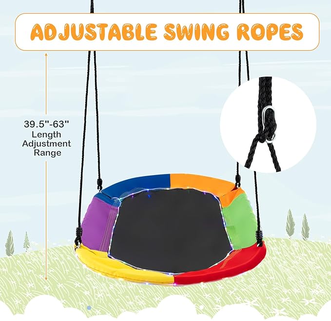 Costzon 700 lbs 60" Giant Platform Swing with Light, Adjustable Hanging Ropes, Waterproof 600D Oxford Fabric, Indoor/Outdoor Tree Swing for Kids, Adults, Playground, Backyard (Colorful)