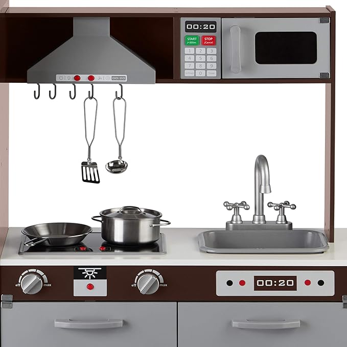 Amazon Basics Kids Upright Wooden Kitchen Toy Playset with Stove, Oven, Sink, Fridge and Accessories, for Toddlers, Preschoolers, Children Age 3+ Years, Espresso/Gray, 39x11.8x39''