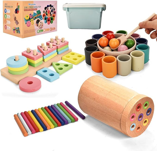 Montessori Toys for 1-3 Year,3 in 1 Wooden Learning Fine Motor Skills Toys Rainbow Color Sorting Toy for Toddlers - Preschool Color Matching, Educational Color Recognition ShapeSorter Boys Girls Gifts