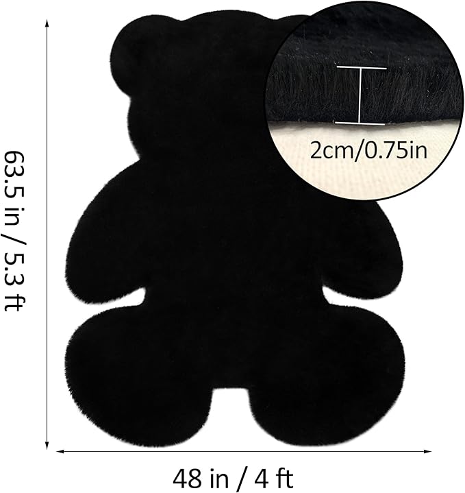 4x5.3 ft Black Bear Shaggy Large Rug, Soft Fluffy Faux Sheepskin Fur Rug Fuzzy Shag Area Rug Cute Plush Carpet for Nursery Kids Girls Bedroom Room Aesthetic Living Room Floor Home Decor, Black