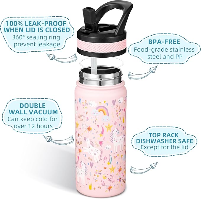 Fanhaw 18 Oz Kids Insulated Water Bottle with Straw - Stainless Steel Double Wall Vacuum Cup, Leakproof, BPA Free, Suitable for Boys and Girls(Pink - Unicorn Fields)