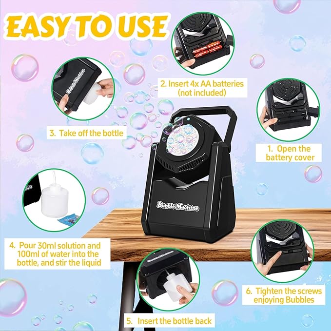 Bubble Machine, Automatic Bubbles Blower for Kids Toddlers, 360° Leak-Proof & 90° Adjustment Battery Operated Bubble Toys with LED Light - Gifts for Boys, Girls, Outdoor, Birthday, Halloween Party