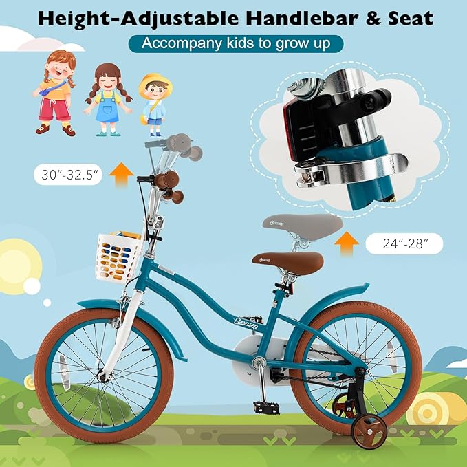 BABY JOY Kids Bike, 12 14 16 18 20 Inch Boys Girls Bike w/Adjustable Seat, Removable Basket, Handbrake & Coaster Brake, Training Wheels or Kickstand, Kids Bicycle with Multi-Color