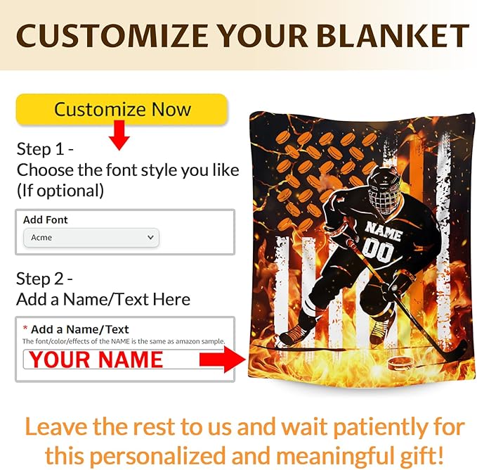 Personalized Name Blanket for Boys, Ice Hockey Throw Blanket Gift for Kids Teens Ice Hockey Lovers, Custom 50x40 Inches Sport Blankets for Couch Sofa Bed