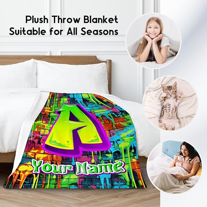 Custom Boys Blanket - Personalized Kids Blanket with Name - Graffiti Initial Gifts - 30"x40" Cozy Fleece Toddler Throws for Couch Sofa - Customized Gifts for Room Decor