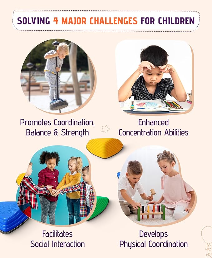 Giggle & Play Stepping Stones For Kids, Set Of 12, Montessori Indoor and Outdoor Balance Stepping Stones, Promotes Coordination, Balanced Strength Child Safe Rubber, Sports, Vibrant Colors, Non-Slip Edges