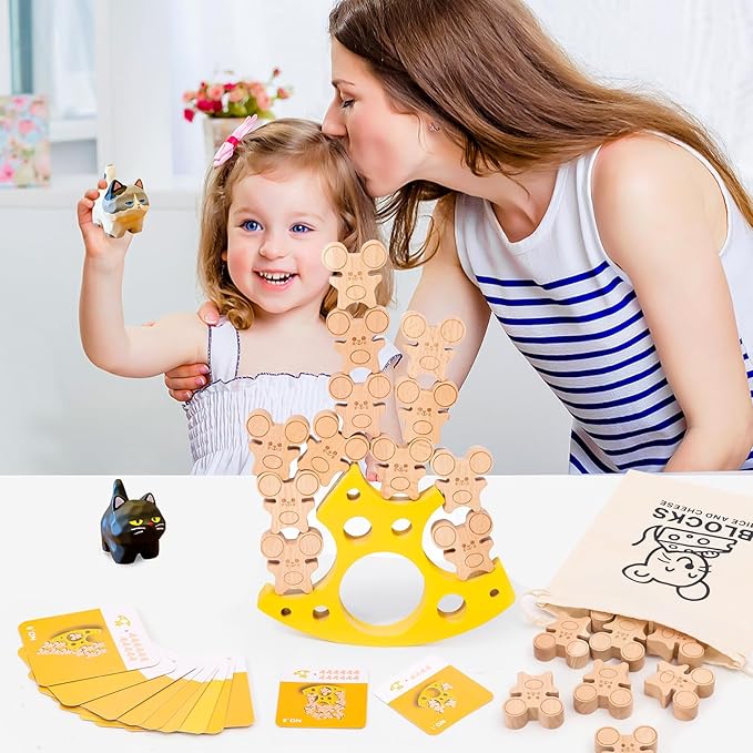 Wooden Cheese Mice Stacking Blocks Balancing Game for Kids of All Ages, Enhances Creativity Hand Eye Coordination Patience and Focus, Includes Storage Bag for Fun Family Play and Gifts