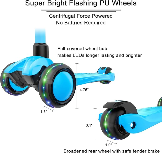 Allek Kick Scooter B03, Lean 'N Glide 3-Wheeled Push Scooter with Extra Wide PU Light-Up Wheels, Any Height Adjustable Handlebar and Strong Thick Deck for Children from 3-12yrs (Aqua Blue)