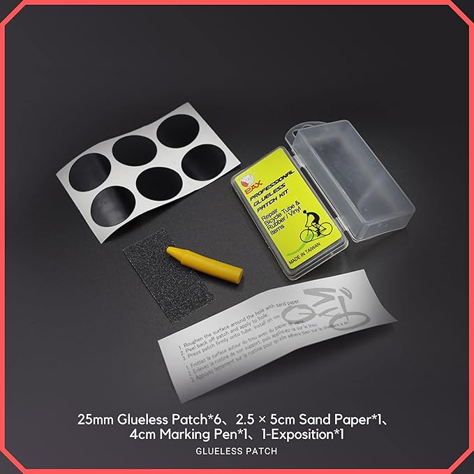 PAX 9 Pcs Bicycle Bike tire Puncture Repair kit with Glueless Patch, Sand Paper, Marking Pen, Exposition in Portable Storage Box for Road, Mountain & BMX Bikes, ATV.