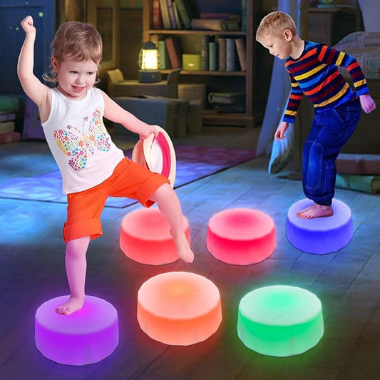 Kids Light Up Stepping Stones - 6 Non-Slip Stepping Stones, Each with 7 LED Light Colors, Indoor Obstacle Training Balance Stepping Stone Toys for Kids Ages 3 and Up.
