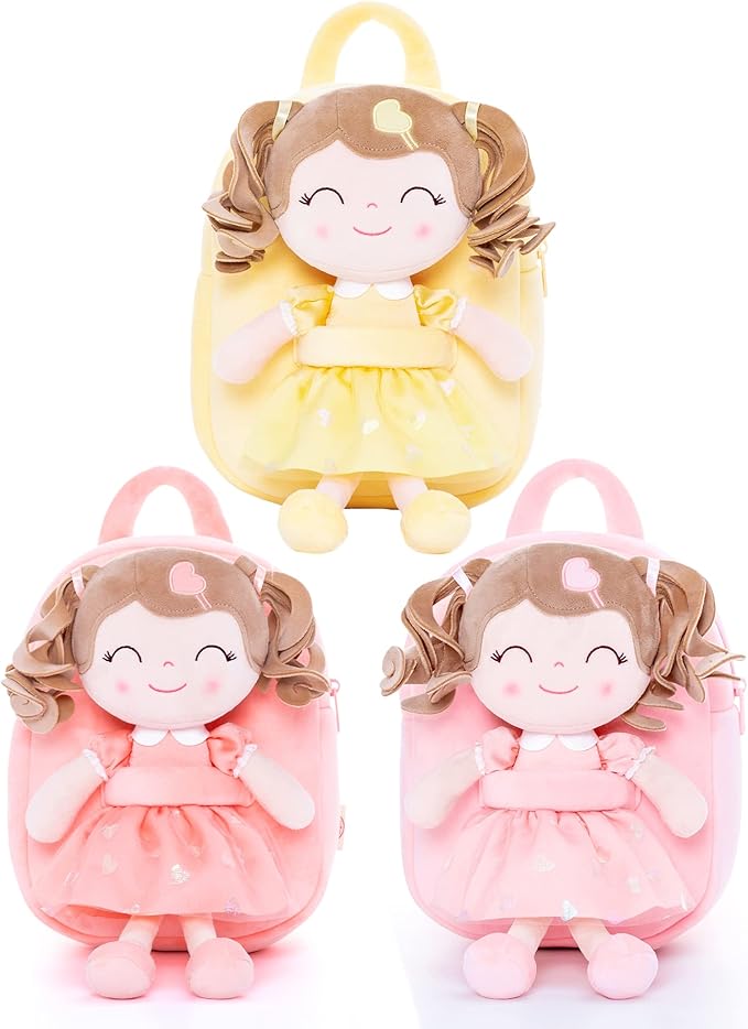 Gloveleya Toddler Backpack Baby Girl Gifts Plush Bag Diaper Bag with Spring Girls Doll Curly Hair Girl Toys with Love Pink