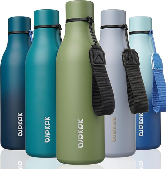 BJPKPK Insulated Water Bottles, 18 oz Stainless Steel Metal Water Bottle with Strap, BPA Free Leak Proof Thermo, Mugs, Flasks, Reusable Water Bottle for Sports & Travel, Forest Green