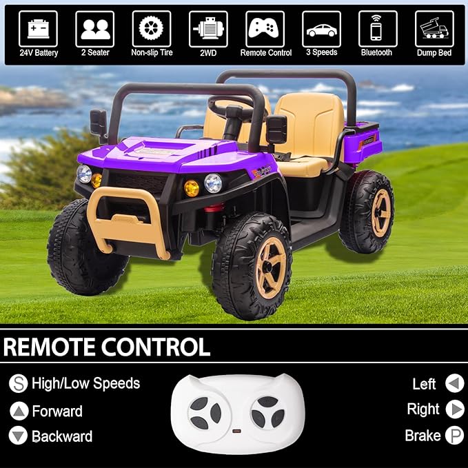 POSTACK 24V 2 Seater Electric Dump Truck for Kids, Ride on Tractor Battery Powered Electric Vehicle with Parental Remote Control, UTV for Kids to Drive w/Bluetooth, Music, Purple
