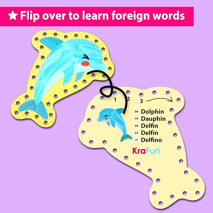 KRAFUN Beginner Mermaid Lacing Card Kit for Kids Arts & Crafts, 5 Easy Mermaid, Animal Lacing Projects, Paper Lace Cards for Toddlers, Fine Motor Preschool Skills Toys