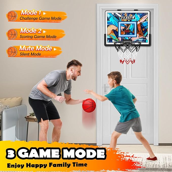 Over The Door Basketball Hoop, Basketballs Hoops Indoor for Kids with LED Cheering, Anti-Impact, 2 Game Mode& Mute Mode, Mini Hoops Door Slam Toy with 4 Ball for 5 6 7 8 9 10 11 12 Old Boys
