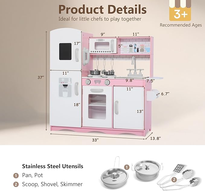 Kinder King Wooden Kids Play Kitchen, Toy Kitchen Playset for Toddler, Pretend Oven, Microwave, Telephone, Chalkboard, Interactive Doors, Knobs, Realistic Kitchen Sets for Boys Girls Age 3+, Pink