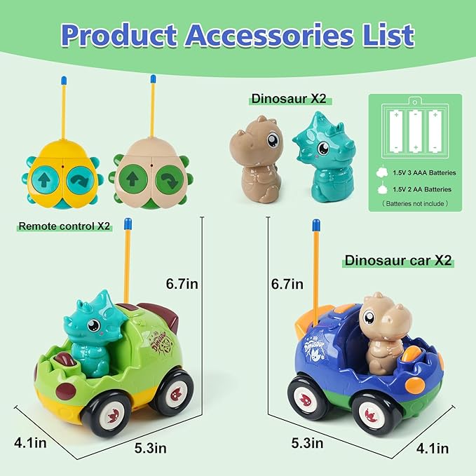 2-Pack Remote Control Dinosaur Cars for Kids – Best Birthday Gifts for Boys Ages 2 3 4 5 Year Old, Electric RC Dino Car Toys for Toddlers 18+ Months with Lights and Music