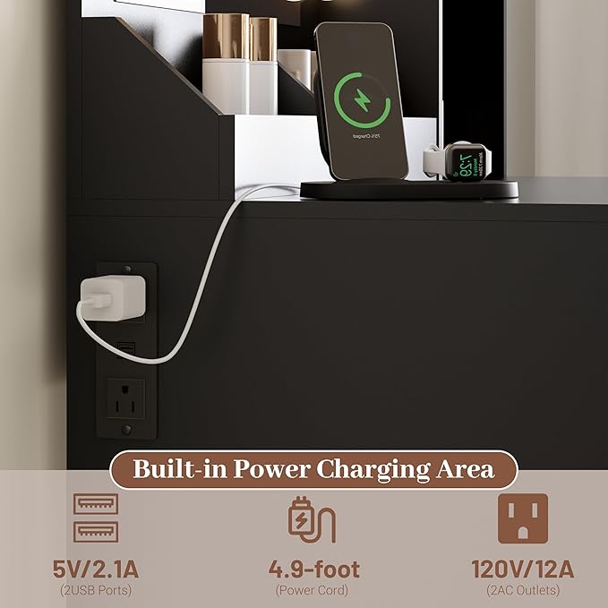 Makeup Vanity with Mirror and Lights & Power Outlet, 34'' Small Vanity Desk with Drawers and Storage Cabinet & Makeup Tray, Dressing Table for Girls Bedroom Dressing Room, Black