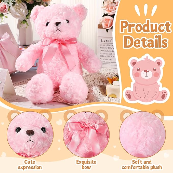 16 Inches Girl's First Bear Plush Stuffed Cute Bear Soft with Bow Plush Animal Toys for Girl Girlfriend Baby Shower Birthday Gifts Valentine Gifts(Pink)