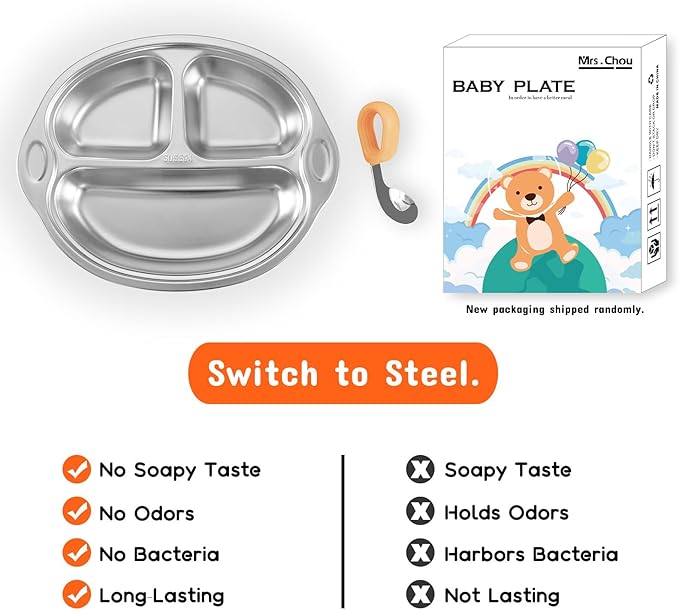 Stainless Steel Baby Suction Plates Divided Plates for Babies and Toddlers, Made of 100% Food-Grade Materials Ideal for Baby-Led Weaning BPA-Free Toddler Feeding Dishwasher Safe Orange-pink