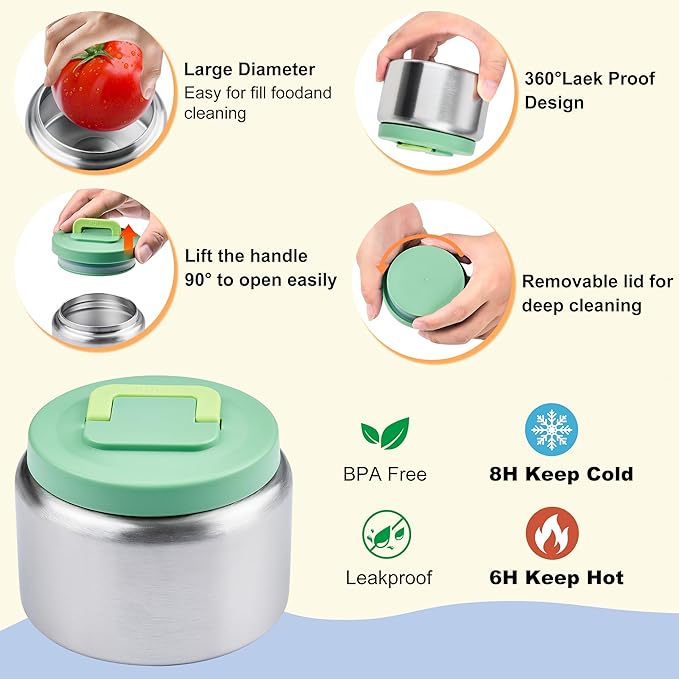 Bento Lunch Box for Kids with Thermos, Leakproof Bento Box with 8oz Insulated Food Jar, Insulated Bottle, Lunch Bag, BPA Free Dishwasher Safe 4 Compartment Container for School Girls Boys (Green)