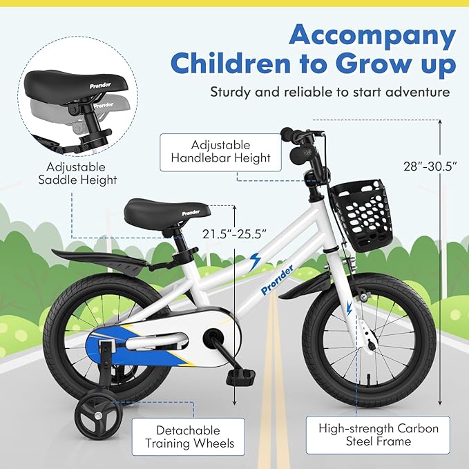 COSTWAY Kids Bike, 12 14 16 18 Inch Toddler Bike for Boys & Girls Aged 3-8 Years Old, Kids Bicycle w/Removable Training Wheels, Handbrake & Coaster Brake, Basket, Bell