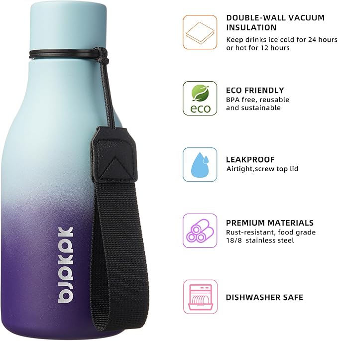 BJPKPK Insulated Water Bottles, 12oz Stainless Steel Metal Water Bottle with Strap, BPA Free Leak Proof Thermos, Mugs, Flasks, Reusable Water Bottle for Sports & Travel, Ocean Dream