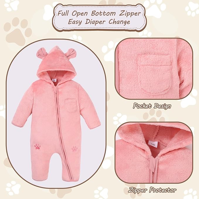 Newborn Snowsuit Baby Boy Bear Outfit Infant Girls Fleece Warm Jumpsuit Romper Winter Hooded Clothes